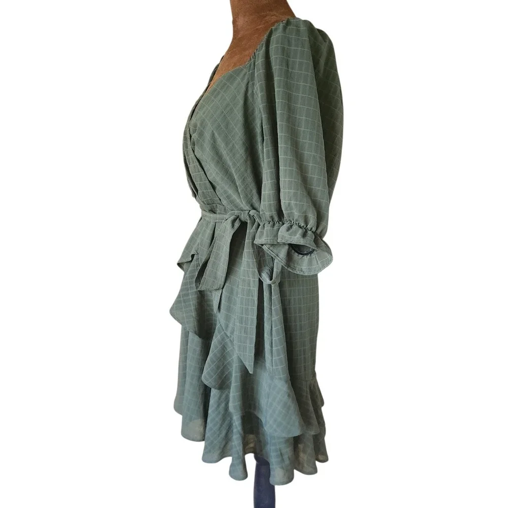 NWT Francesca's Ruffle Olive Green Faye Mini Dress‎ Size L Ruffle Belted V Neck